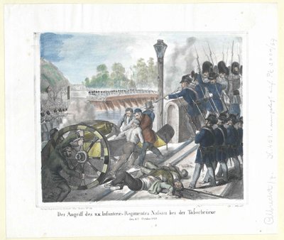 The Attack of the K. K. Infantry Regiment Nassau at the Tabor Bridge on 6th October 1848 by Artist Unknown