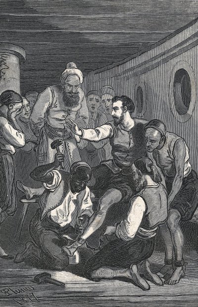 Trinidadians Fray Juan Gil and Fray Anton de la Bella Released Cervantes from Captivity in Algiers in 1580. Engraving by Artist Unknown