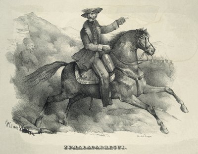 Tomas Zumalacarregui (1788-1835). Carlist general. Spain. First Carlist War. Zumalacarregui riding a horse (engraving) by Artist Unknown