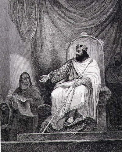 Charlemagne (742-814) issuing the Capitulary of Herstal in 779, engraved by Leclerc by Ary (after) Scheffer