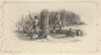Banknote vignette showing woodsmen felling trees in a snowy forest, ca. 1824-37 by Asher Brown Durand.