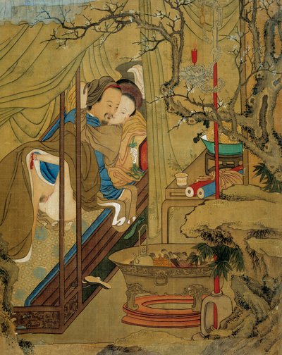 Erotic scene. A couple during the act of love in a bed by Asian School