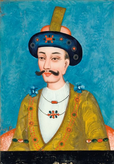 Reverse Glass Painting of a Turbanned Noble, from India or China for the Indian Market by Asian School