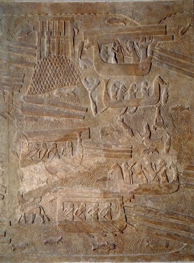 Art Mesopotamia (Assyria): courtyard of the palace of the king of Assyria Sargon II (721 - 705 BC) transport of cedar wood from Lebanon by Assyrian