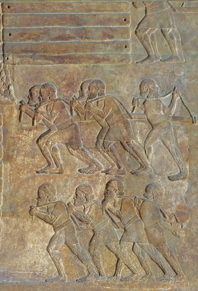 Detail of a relief depicting the stocking up of wood on the shore before transportation by sea, from the Palace of Sargon II, Khorsabad, Iraq by Assyrian