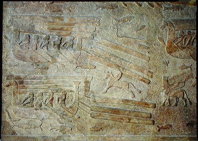 Relief depicting ships transporting wood, from the Palace of Sargon II, Khorsabad, Iraq by Assyrian