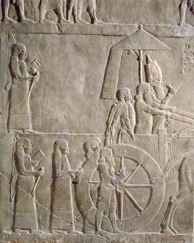 Relief depicting the chariot of King Assurbanipal and Elamite prisoners, episodes of the Elam campaign, from the Palace of Assurbanipal in Nineveh, c.645 BC by Assyrian