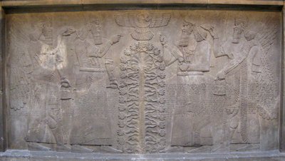 Relief with Two Figures of Ashurnasirpal, Winged Mythological Beings and the God Ashur, Before the Tree of Life, 885-860 BC by Assyrian