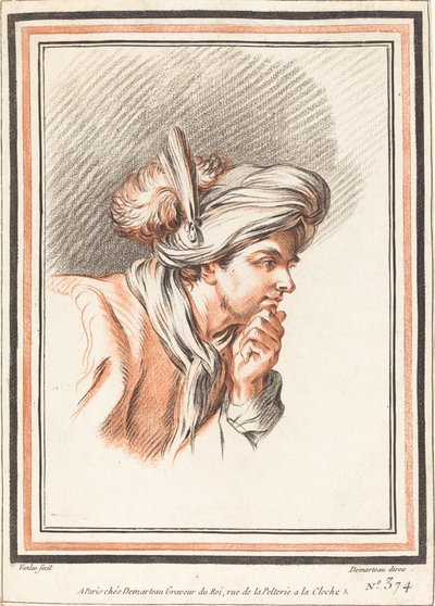 Head of a Man Wearing a Plumed Turban by Atelier of Gilles Demarteau the Elder after Carle Van Loo