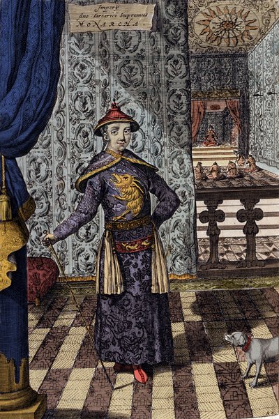 The Chinese Emperor and Supreme Ruler of the Tartars - Chinese emperor Kangxi, Qing dynasty, engraving by Athanasius Kircher from China Monumentis, qua sacris qua profanis by Athanasius Kircher