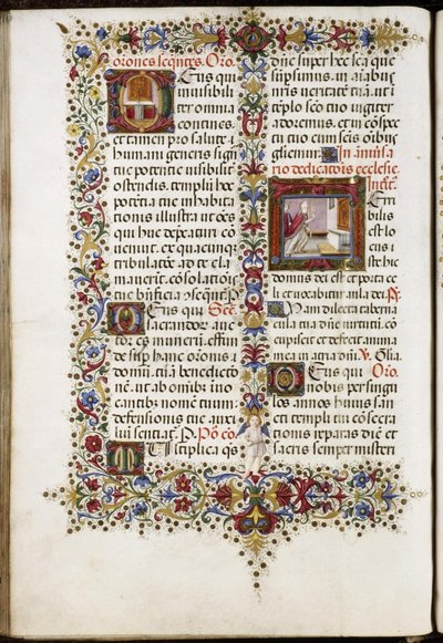 Missal of Thomas James: Page with Two Initials: An Altar and the Dedication of a Church by Attavante degli Attavanti