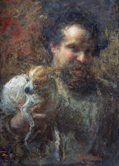 Attilio Andreoli Self-portrait with Dog by Attilio Andreoli