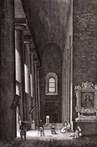 Side aisle of Cathedral of Nativita di Maria Santissima in Syracuse, Sicily, Italy, copper engraving by Attilio Zuccagni Orlandini