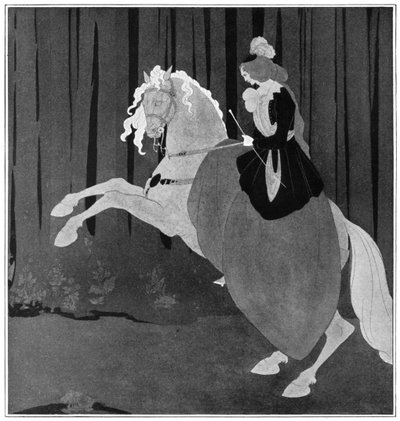 A woman sitting on a rearing horse by Aubrey Beardsley
