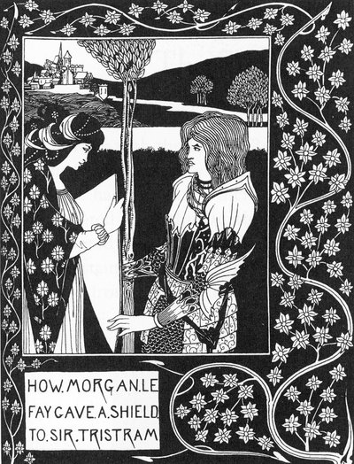 Arthurian Legend: The fairy Morgane gives a shield to Tristan. Engraving in The story of Tristan and his adventures, which includes his love story with Isolde. The Morte of Arthur by Sir Thomas Malory, edition illustrated by Aubrey Beardsley by Aubrey Beardsley