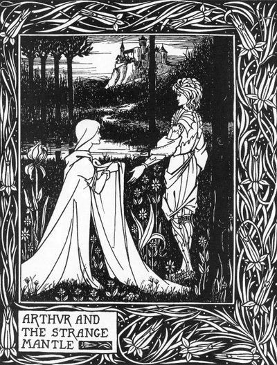 King Arthur Receiving the Visit of a Young Girl Sent by the Fay Morgane. Illustration by Aubrey Beardsley from Thomas Malory