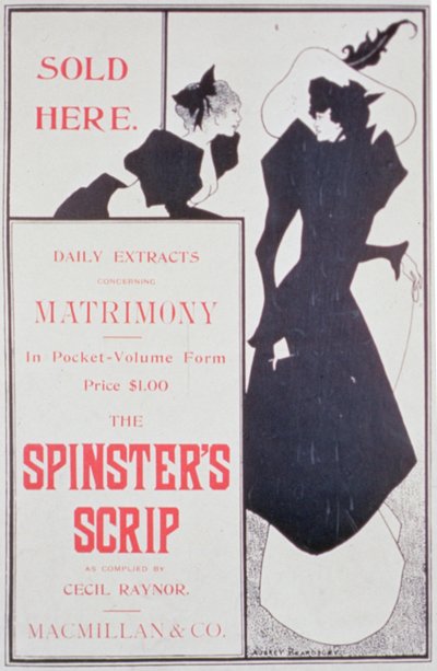 Poster advertising The Spinsters Scrip, as compiled by Cecil Raynor, published by Macmillan & Co. by Aubrey Beardsley