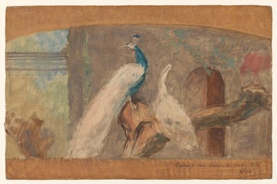 Design for an Overdoor: Branch with Peacock and Other Birds by August Allebe