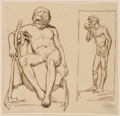 Sitting Nude with Stick and Standing Nude Drinking by August Allebe