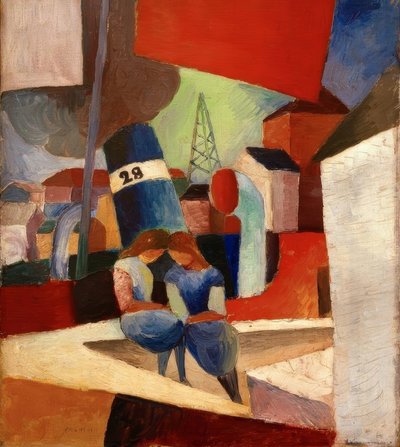 Harbor Scene with Children on the Wall: Duisburg Harbor by August Macke