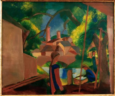 Children at the Fountain with City in the Background by August Macke