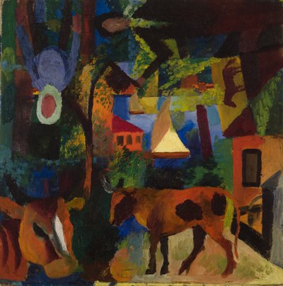 Landscape with Cows, Sailboat, and Painted-in Figures by August Macke
