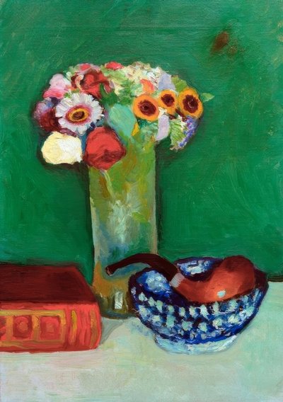 Still Life with Bouquet of Flowers and Pipe in Blue Bowl by August Macke