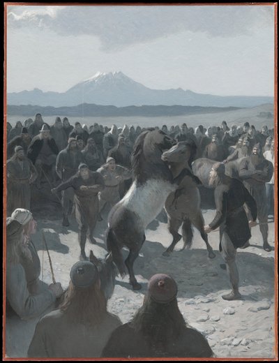 The Horse-Fight at Hlíðarendi. Illustration for Njal’s Saga, ch. 59 by August Malmström