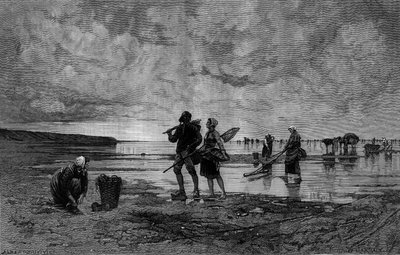 Great tide in the Channel: fishermen of shells on a beach - Engraving after the painting by Hagborg Auguste Wilhem Nikolaus by August Wilhelm Nikolaus Hagborg