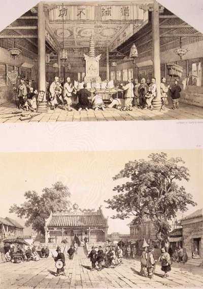 Interior of the Temple of Buddha and a Little Square in the Suburbs of Canton, plates 25 and 26 from 