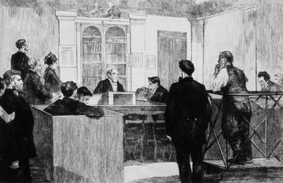 Bow Street Police Court Hall in London in 1884 by Auguste Andre Lancon