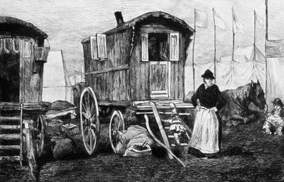 Camp of gypsies with their horse-drawn caravan by Auguste Andre Lancon
