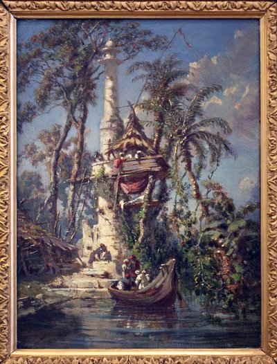 Observatory on the Banks of the Hoogly River (Bengal, India). Painting by Auguste Borget (1808-1877), Oil on Mahogany Wood by Auguste Borget