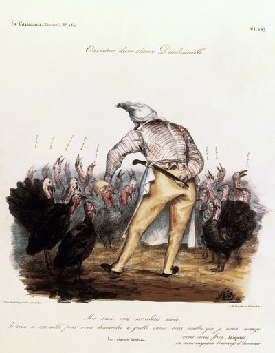 Louis Philippe with a night cap on his head, surrounded by turkeys by Auguste Bouquet