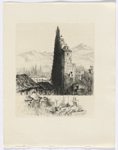 Frédéric Mistral: Memoirs and Stories by Frédéric Mistral: tower in landscape/ man and dead game (insert after p. 200) by Auguste Brouet