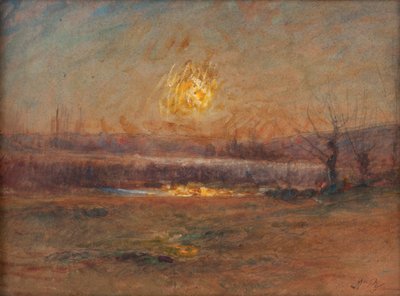 Sunset on the pond in the countryside by Auguste Francois Ravier
