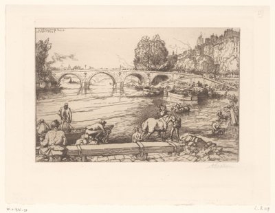 View of the Pont Marie with Figures in the Seine by Auguste Lepère (signed by artist)