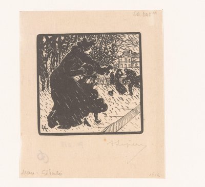 Woman and Child in a Rain Shower by Auguste Lepère (signed by artist)