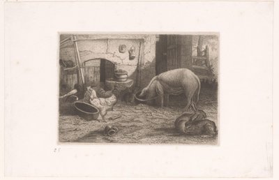 Pig, Chickens, and Rabbits by a Barn by Auguste Numans (attributed to)