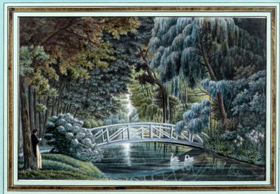 View of the wooden bridge over the river to the left of the castle of Malmaison by Auguste Simon Garneray