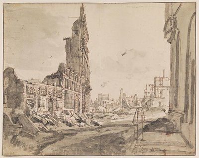 View over the northeast and northwest corners of Grand Place after the bombardment in 1695 by Augustin Coppens