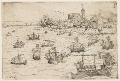 Jonah and the Whale on a Lake with Sailing Vessels by Augustin Hirschvogel