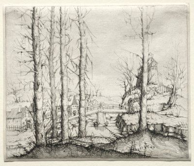 River Landscape with Five Bare Spruce Trees in the Foreground by Augustin Hirschvogel