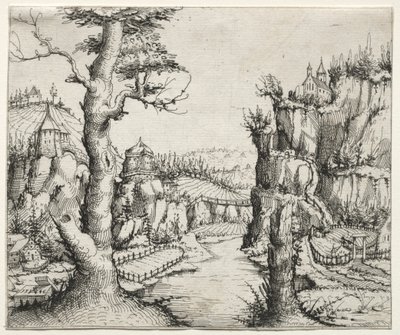 River Landscape with Rocks at Left and Right by Augustin Hirschvogel