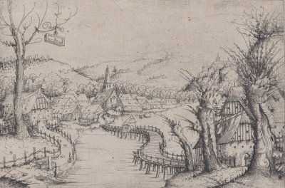 River Landscape with Three Bare Willow-Trees at Right and a Long Winding Wooden Bridge, 1546 by Augustin Hirschvogel