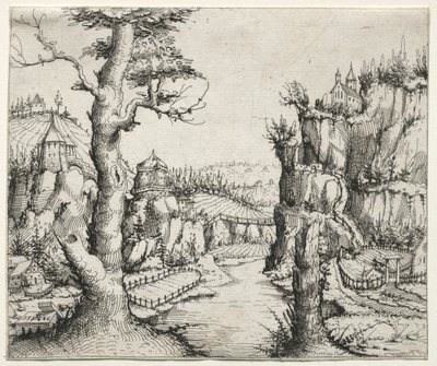 River Landscape with Rocks at Left and Right by Augustin Hirschvogel