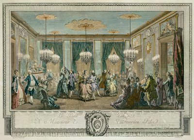 The Evening Dress Ball at the House of Monsieur Villemorien Fila, engraved by L. Provost (coloured engraving) by Augustin de (after) Saint Aubin