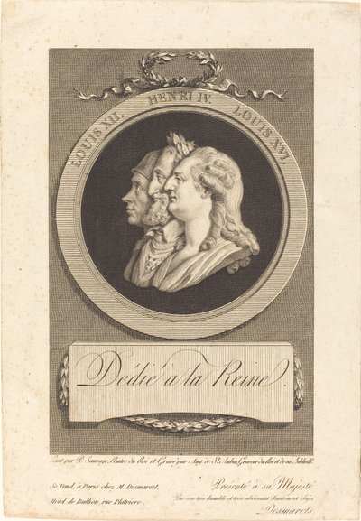Louis XVI, Henri IV, and Louis XII by Augustin de Saint Aubin after Piat Joseph Sauvage