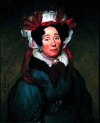 Portrait of a lady with a red and white bonnet by Augustine Cochet St. Omer