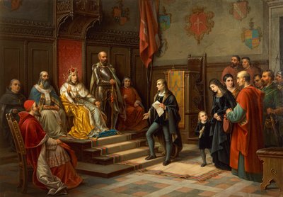 Frederick III, being pressed to march against Turks by Trieste poet Raffaele Zovenzoni, by Augusto Tominz by Augusto Tominz